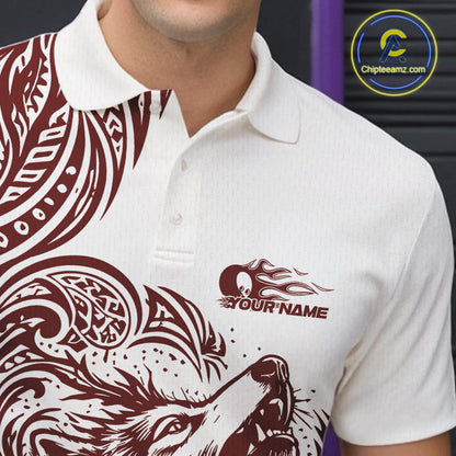Custom Burgundy Tribal Pattern Maori Style Wolf Bowling Team Men Polo Shirts IPHW10332
