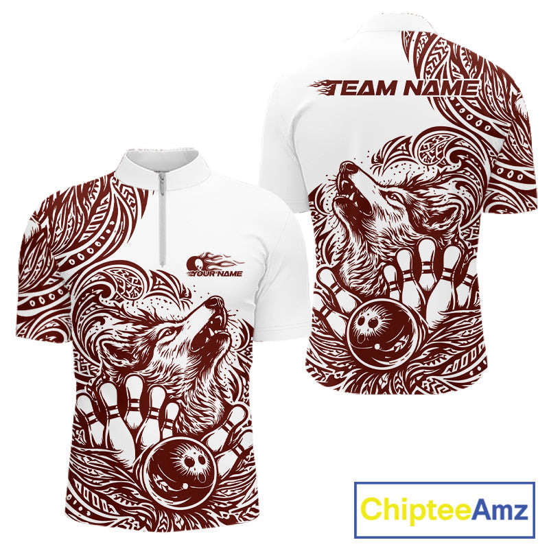 Custom Burgundy Tribal Pattern Maori Style Wolf Bowling Team Men Quarter-Zip Shirts IPHW10332