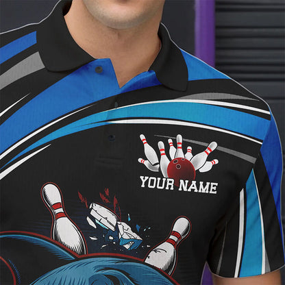 Black And Blue Custom Shark Bowling Team Polo Shirts For Men, Shark Bowling League Shirt IPHW8727