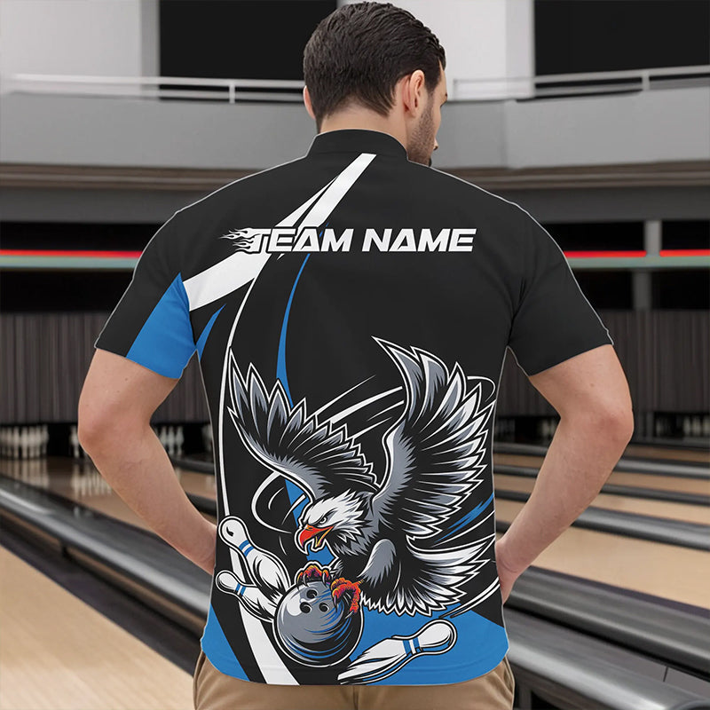 Custom Black And Blue Eagle Bowling Men Quarter-Zip Shirts, Eagle Bowling Team Jerseys IPHW8733