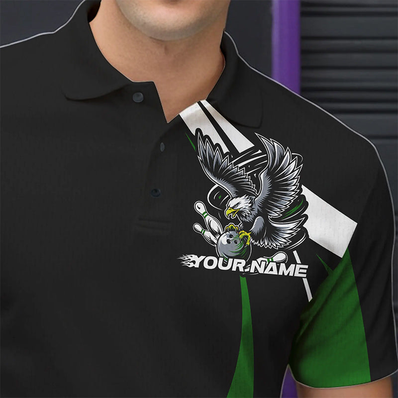 Custom Black And Green Eagle Bowling Men Polo Shirts, Eagle Bowling Team Jerseys IPHW8735