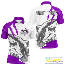 Load image into Gallery viewer, Custom White And Purple Shark Jerseys, Shark Bowling Team Men Polo Shirts Bowlers Outfit IPHW8988