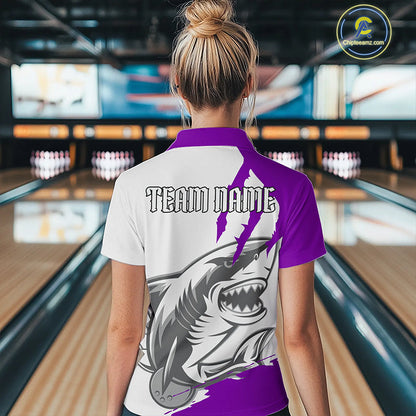 Custom White And Purple Shark Jerseys, Bowling Team Women Quarter-Zip Shirt Bowler Outfit IPHW8988