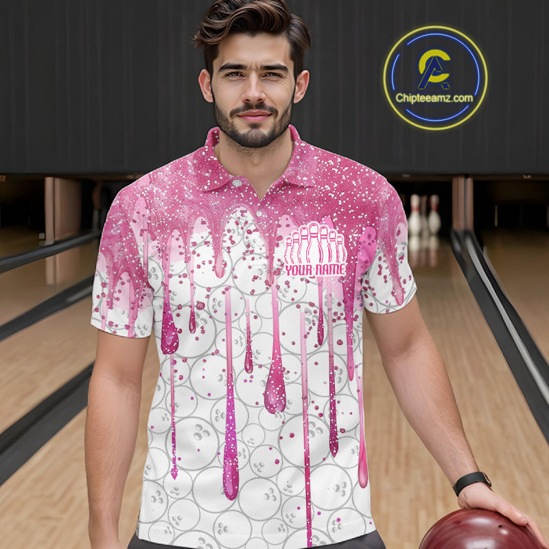 3D Pink Glitter Pink Ribbon Pattern Custom Breast Cancer Bowling Polo Shirts For Men And Women IPHW7051