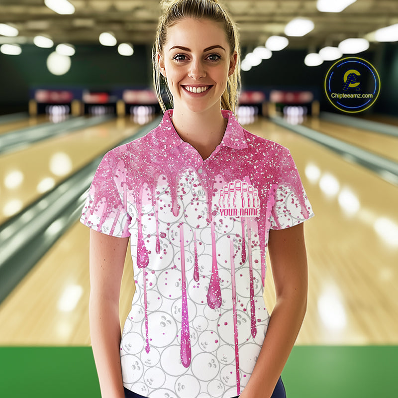 3D Pink Glitter Pink Ribbon Pattern Custom Breast Cancer Bowling Polo Shirts For Women IPHW7051