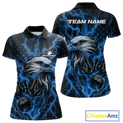 Custom Mid Blue Lightning Flame Eagle Women Bowling Shirt, Patriotic US Team Shirt IPHW10173