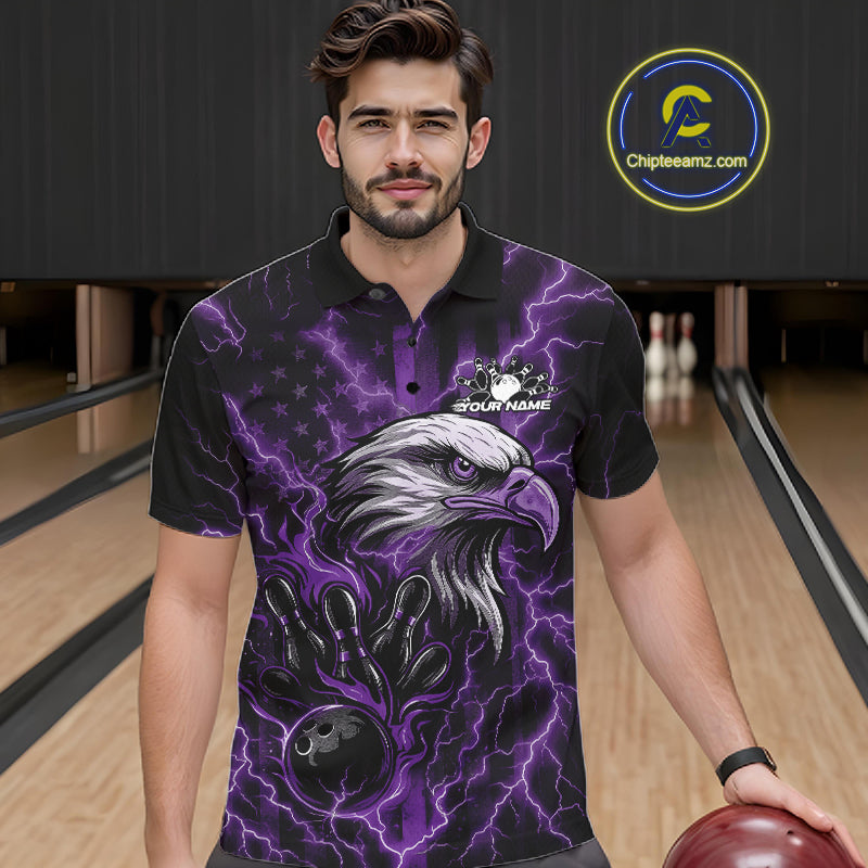 Custom Purple Lightning Flame Eagle Men Bowling Shirt, Patriotic US Team Shirt IPHW10175