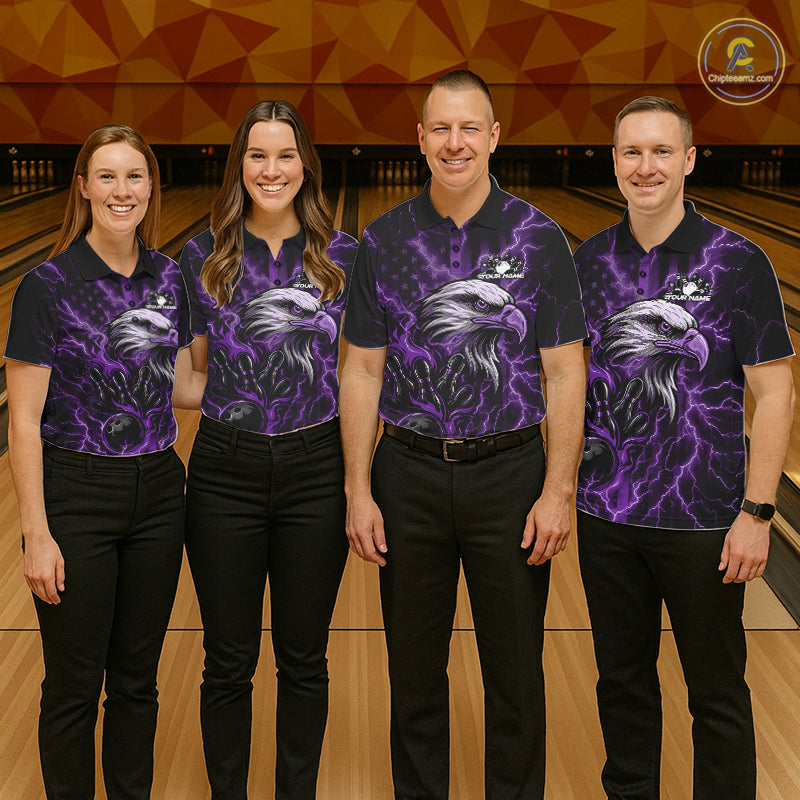 Custom Purple Lightning Flame Eagle Men Bowling Shirt, Patriotic US Team Shirt IPHW10175