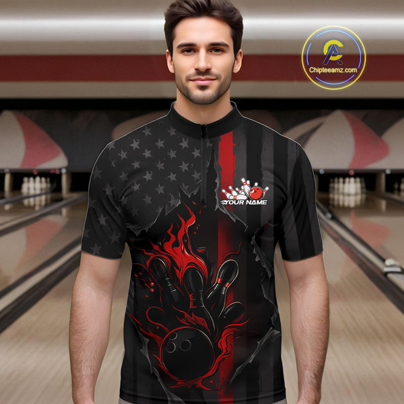 Custom Red Thin Line American Flag Patriotic Flame Bowling Team Men Quarter-Zip Shirts IPHW10179