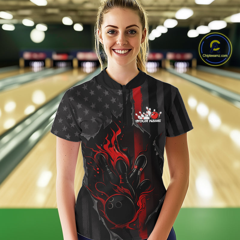 Custom Red Thin Line American Flag Patriotic Flame Bowling Team Women Quarter-Zip Shirts IPHW10179