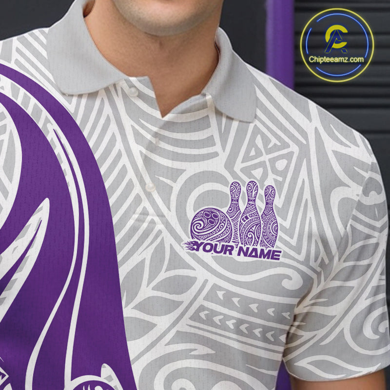 Custom Purple Polynesian Tribal Bowling Men Polo Shirt, Maori Style Bowling Shirt IPHW10339