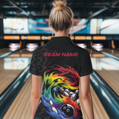Custom Rainbow Flame Bowling Team Women Quarter-Zip Shirts, Colorful Bowling League Shirt IPHW8740