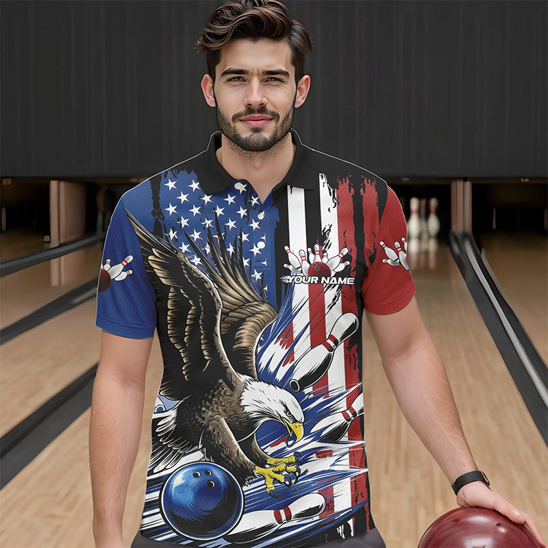 Custom American Flag Eagle Bowling Team Men Polo Shirts, Patriotic US Bowling League Shirt IPHW8753
