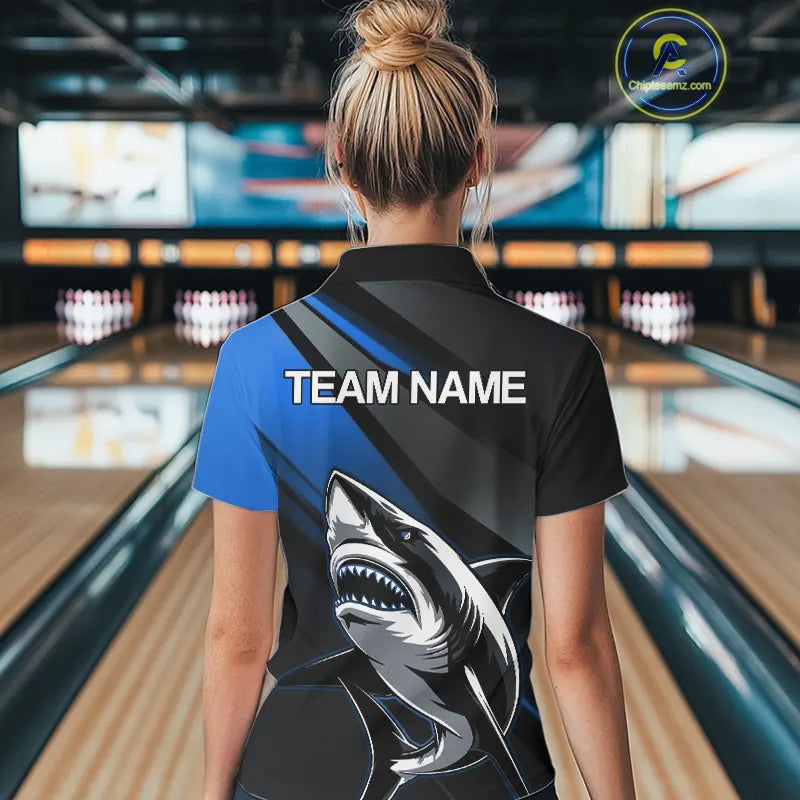 Custom Black And Blue Shark Bowling Jerseys, Bowling Team Uniform Shark Women Polo Shirts IPHW9000