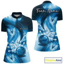 Load image into Gallery viewer, Custom Blue Butterfly Bowling Women Quarter-Zip Shirts, Team Tournament Bowlers Outfit IPHW11113