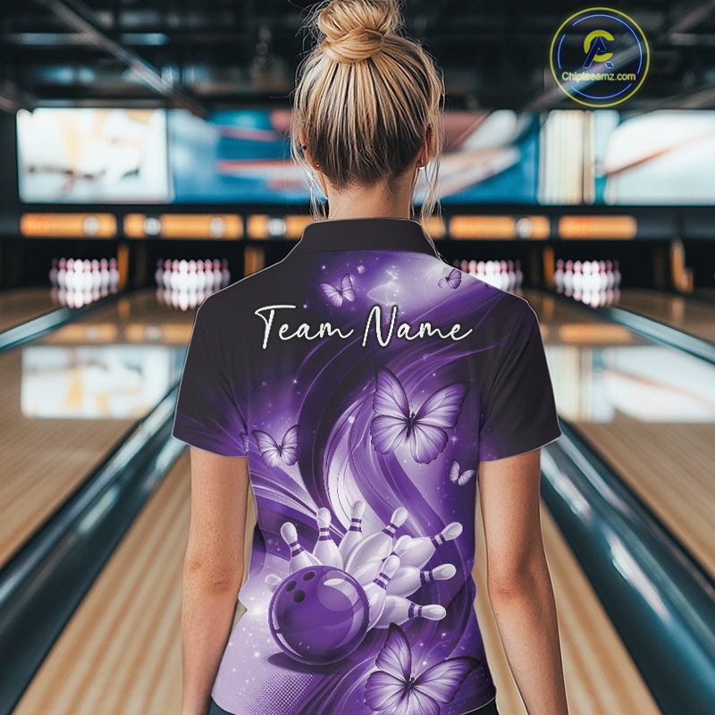 Back view of a purple bowling quarter-zip displaying bowling-themed graphics and butterfly details.