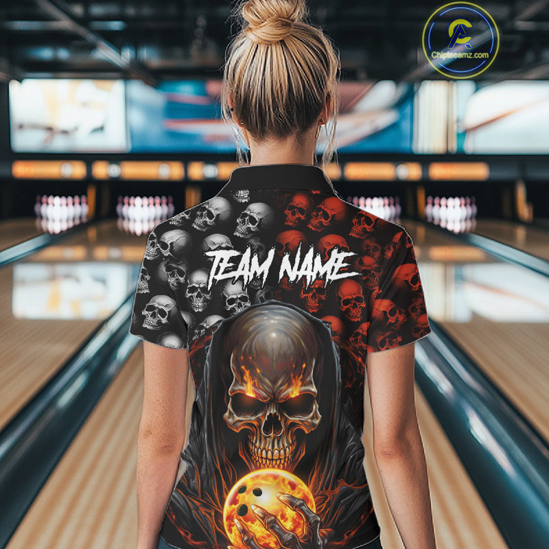 Custom Skull Bowling Womens Polo Shirts Bowling League Team Jerseys Halloween Outfits IPHW5346
