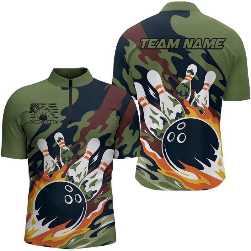 Custom Military Camo Bowling Quarter-Zip Shirts For Men, Patriotic Veteran Bowling Team Shirt IPHW8037
