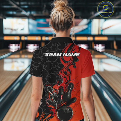 Custom Red Orange Fire Flame Bowling Team Women Quarter-Zip Shirts, Bowling League Shirt IPHW10184