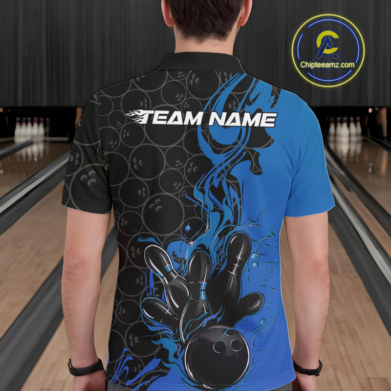 Custom Black And Blue Fire Flame Bowling Team Men Polo Shirts, Bowling League Shirt IPHW10185