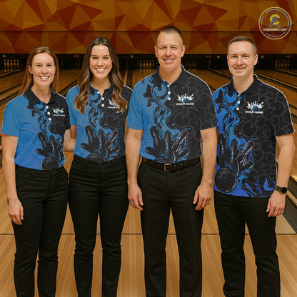 Custom Black And Blue Fire Flame Bowling Team Men Polo Shirts, Bowling League Shirt IPHW10185