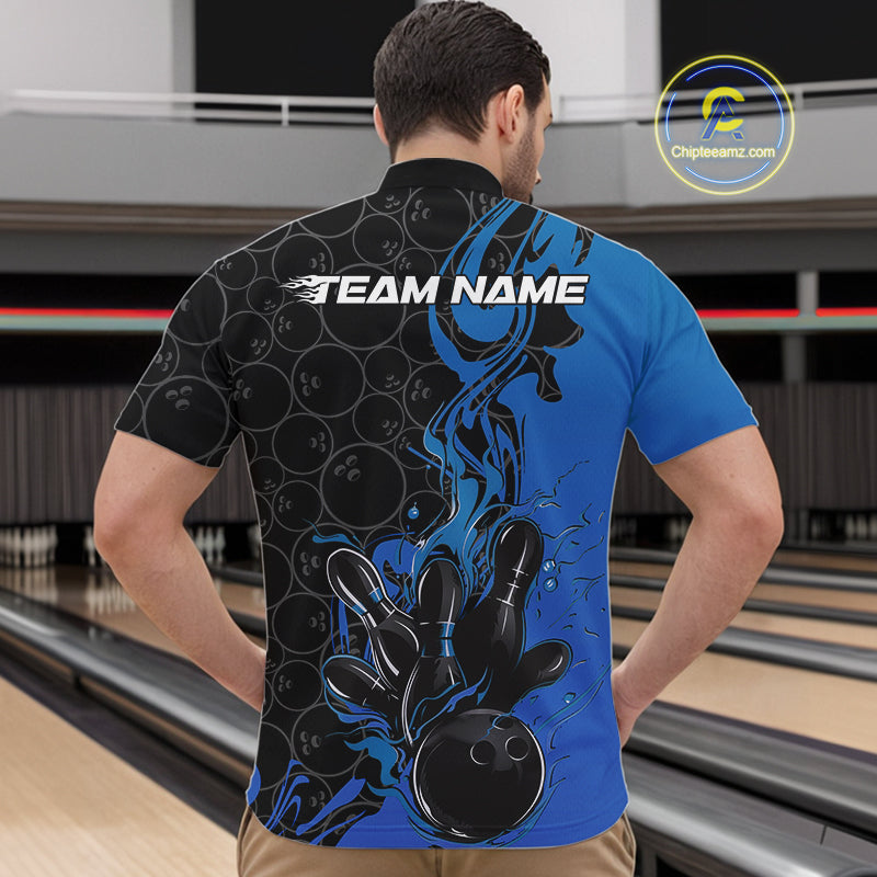Custom Black And Blue Fire Flame Bowling Team Men Quarter-Zip Shirts, Bowling League Shirt IPHW10185