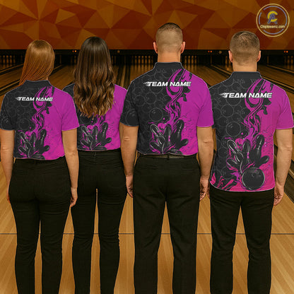 Custom Pink Purple Fire Flame Bowling Team Men Polo Shirts, Bowling League Shirt IPHW10187