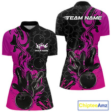 Load image into Gallery viewer, Custom Pink Purple Fire Flame Bowling Team Women Quarter-Zip Shirt, Bowling League Shirt IPHW10187