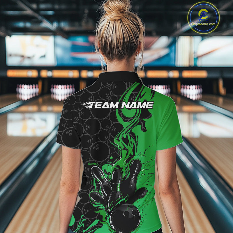 Custom Black And Green Flame Bowling Team Women Quarter-Zip Shirts, Bowling League Shirt IPHW10189