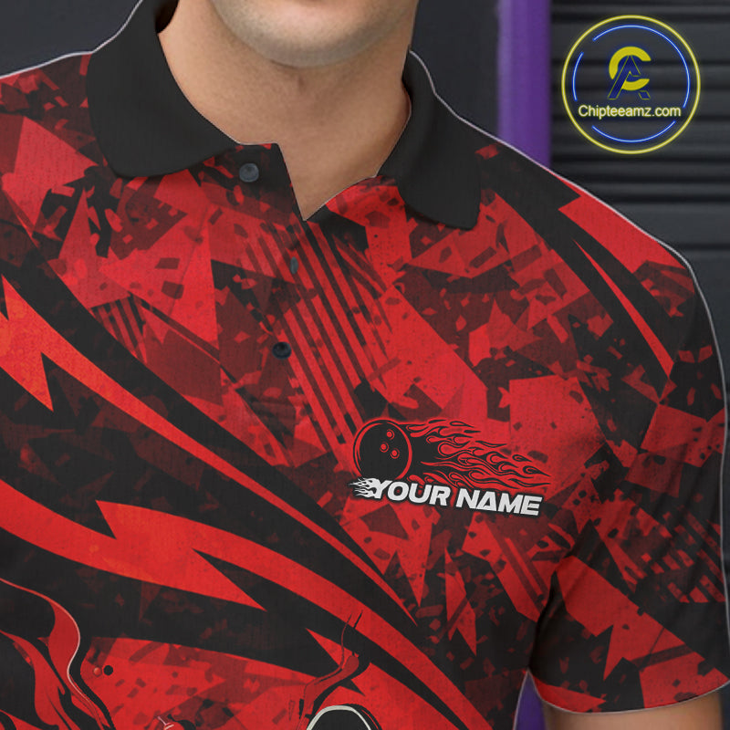 Custom Red Camo Flame Bowling Men Polo Shirts, Camouflage Bowling Team Jerseys IPHW10344