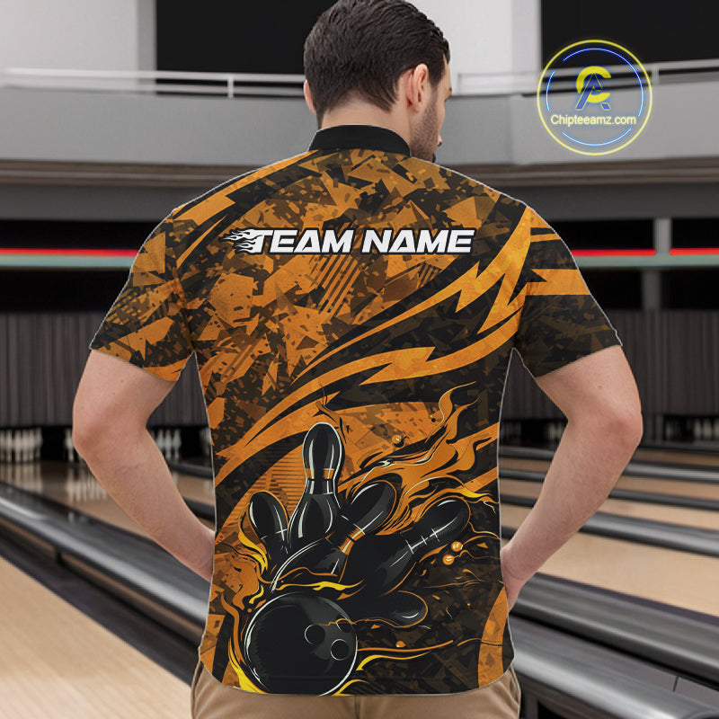 Custom Yellow Camo Flame Bowling Men Quarter-Zip Shirts, Camouflage Bowling Team Jerseys IPHW10348