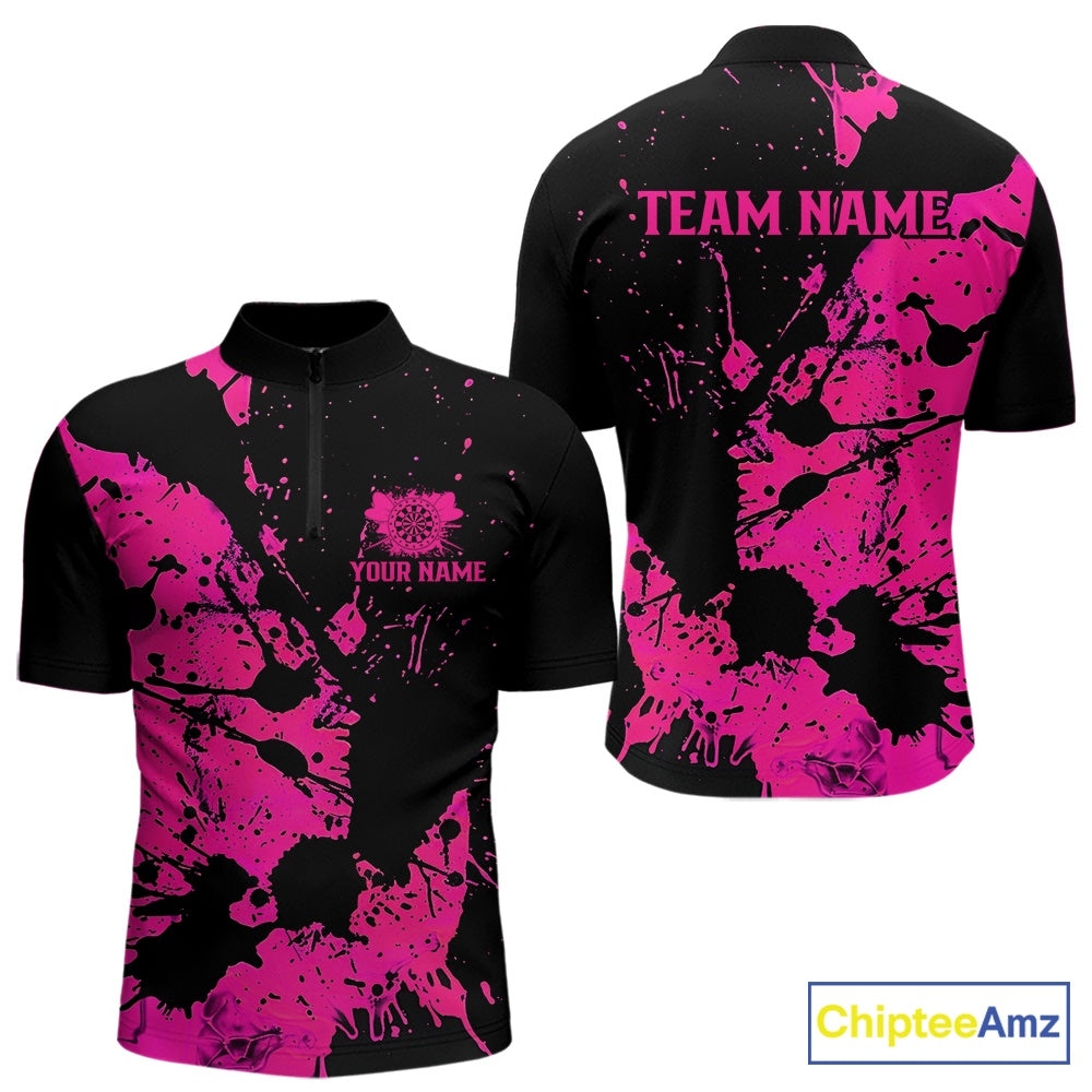 Custom Name Black And Pink Splatter Darts Shirts For Men, Dart Team League Shirts IPHW10622