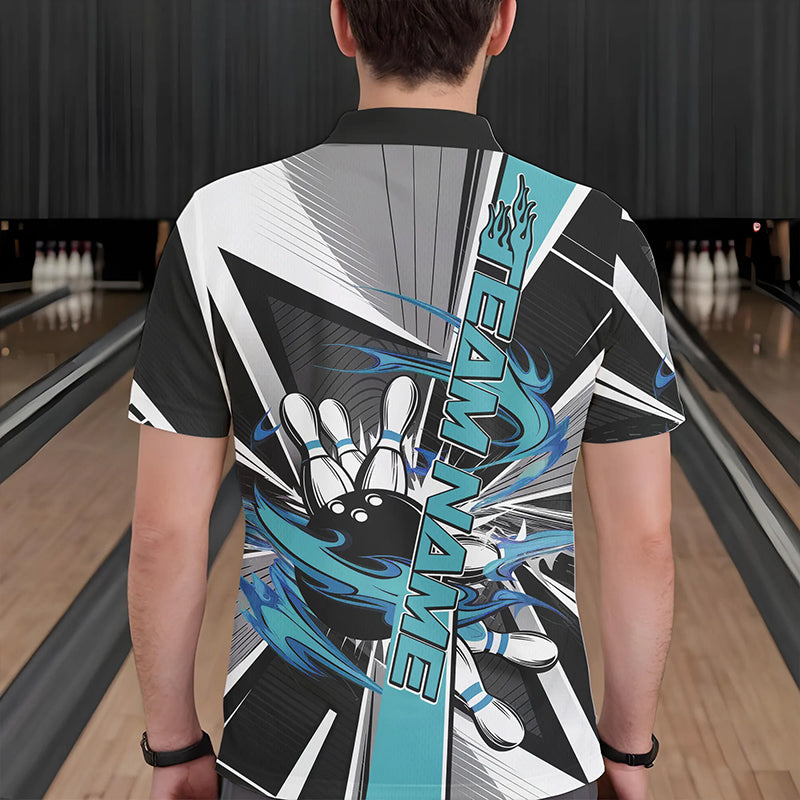 Custom Black And Blue Strike Bowling Men Polo Shirts, Bowling Team League Shirt With Name IPHW8760