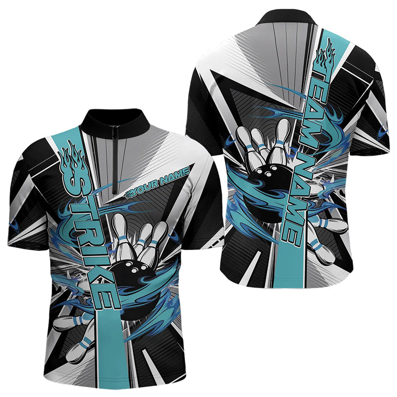 Custom Black And Blue Strike Bowling Men Quarter-Zip Shirts, Bowling Team League Shirt With Name IPHW8760