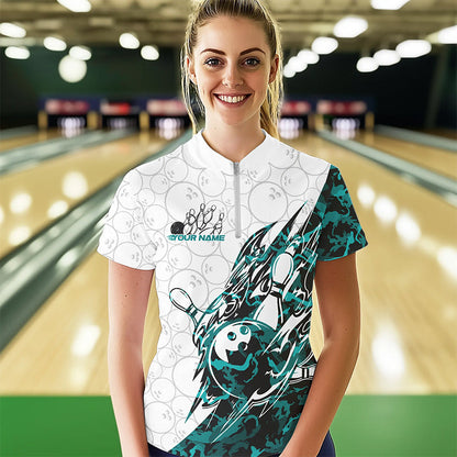 Custom Turquoise Blue Camouflage Bowling Quarter-Zip Shirts For Women, Bowling Team Uniform IPHW8772