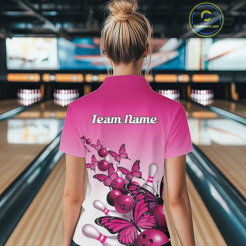 Custom Pink Gradient Butterfly Bowling Women Quarter-Zip Shirt Team, Bowling League Shirt IPHW9005