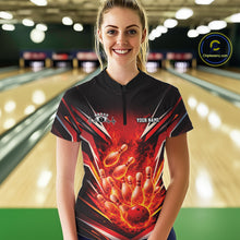 Load image into Gallery viewer, Custom Red Fire Flame Bowling Women Quarter-Zip Shirt, Bowling Team Tournament Outfit IPHW11133