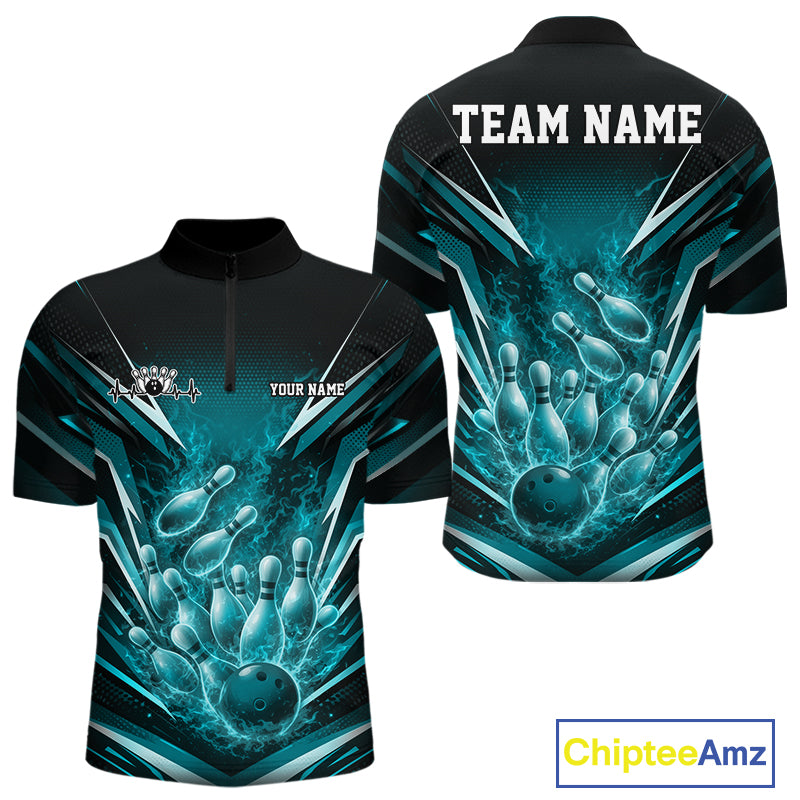 Front and back view men’s quarter-zip bowling shirt mockup featuring flaming bowling ball striking pins turquoise blue fire burst design