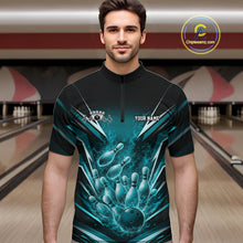 Load image into Gallery viewer, Custom Turquoise Blue Fire Flame Bowling Men Quarter-Zip Shirt, Bowling Team Tournament Outfit IPHW11134