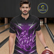 Load image into Gallery viewer, Custom Purple Fire Flame Bowling Men Polo Shirt, Bowling Team Tournament Outfit IPHW11135