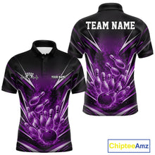 Load image into Gallery viewer, Custom Purple Fire Flame Bowling Men Polo Shirt, Bowling Team Tournament Outfit IPHW11135