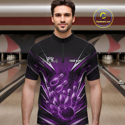 Male model in bowling lane wearing quarter-zip shirt with flaming bowling ball striking pins purple dynamic fire sports artwork