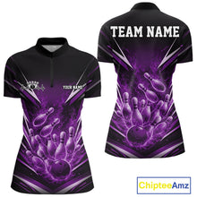 Load image into Gallery viewer, Custom Purple Fire Flame Bowling Women Quarter-Zip Shirt, Bowling Team Tournament Outfit IPHW11135