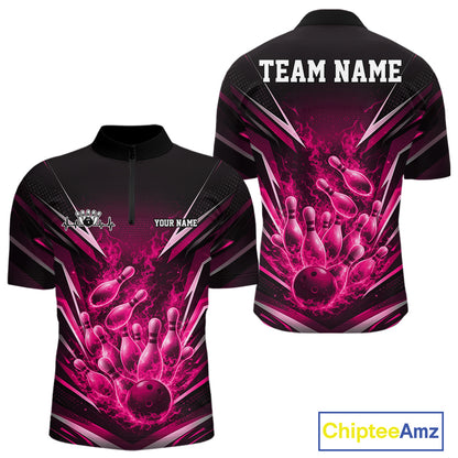 Front and back view men’s quarter-zip bowling shirt mockup featuring flaming bowling ball striking pins pink explosive fire burst artwork