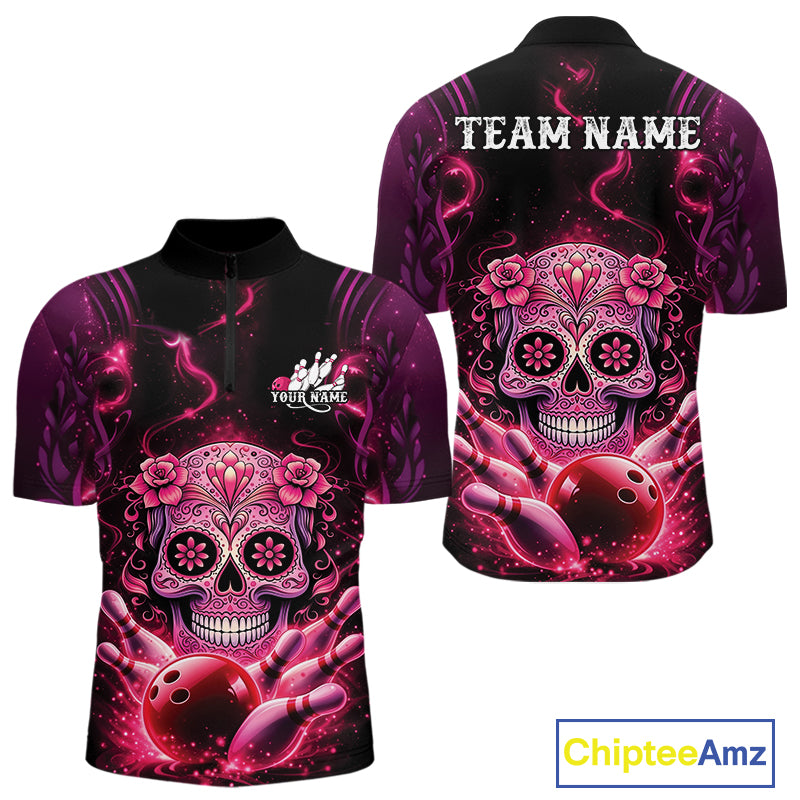 Front and back mockup of a black and pink mens bowling quarter-zip shirt featuring a floral sugar skull above a bowling ball and bowling pins.