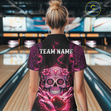 Load image into Gallery viewer, Custom Pink Purple Sugar Skull Bowling Women Quarter-Zip Shirt, Halloween Bowling Outfit IPHW11144