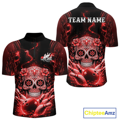 Front and back display of a black and red mens bowling quarter-zip shirt showcasing a floral sugar skull above a bowling ball and bowling pins.