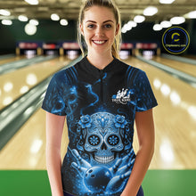 Load image into Gallery viewer, Custom Blue Sugar Skull Bowling Women Quarter-Zip Shirt, Halloween Team Bowling Outfit IPHW11146