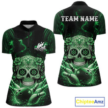 Load image into Gallery viewer, Custom Green Sugar Skull Bowling Women Quarter-Zip Shirt, Halloween Team Bowling Outfit IPHW11147