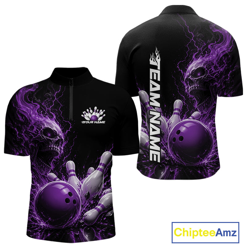 Front and back mockup of a black men's quarter zip bowling shirt featuring a purple flaming skull, lightning, bowling pins, and a custom name.

